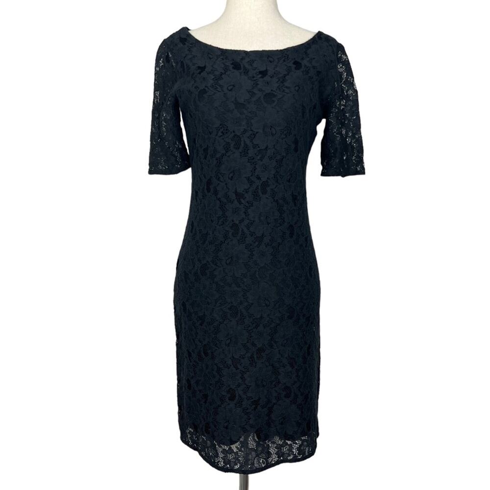 Barneys New York Black Sheath Dress sz XS Lace Boat Neck Short Sleeve Mini LBD